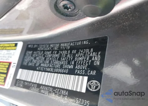 2020 Toyota Camry Le из США, поврежденный, VIN 4T1C11AK8LU896640